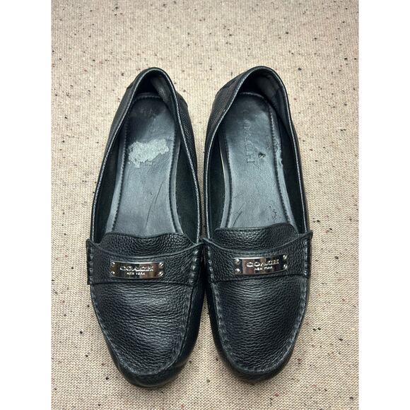 Coach Frederica Black Leather Driving Loafers Women’s 8.5 Silver Logo Badge - Picture 1 of 4
